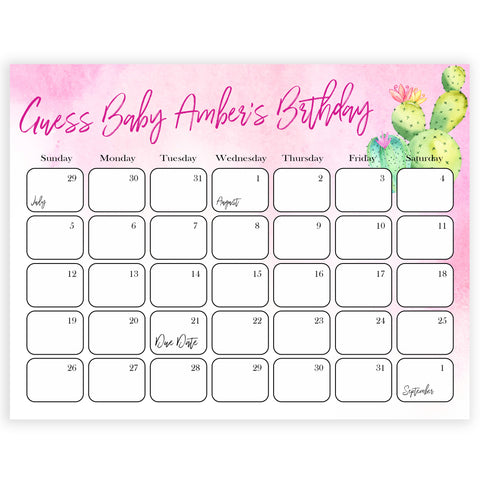 Guess The Baby birthday game, baby birthday predictions game, printable baby shower games, fun baby games, cactus baby shower baby fiesta shower games