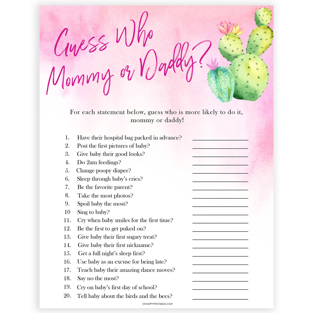 Cactus baby shower games, cactus guess who mommy or daddy baby game, printable baby games, Mexican baby shower, Mexican baby games, fiesta baby games, popular baby games, printable baby games