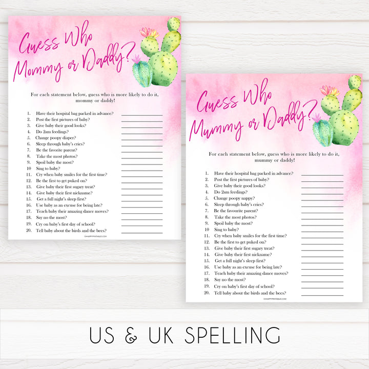 Cactus baby shower games, cactus guess who mommy or daddy baby game, printable baby games, Mexican baby shower, Mexican baby games, fiesta baby games, popular baby games, printable baby games