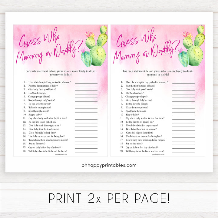 Cactus baby shower games, cactus guess who mommy or daddy baby game, printable baby games, Mexican baby shower, Mexican baby games, fiesta baby games, popular baby games, printable baby games