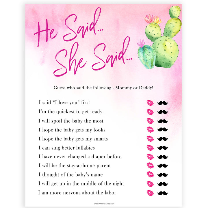 Cactus baby shower games, cactus he said she said baby game, printable baby games, Mexican baby shower, Mexican baby games, fiesta baby games, popular baby games, printable baby games