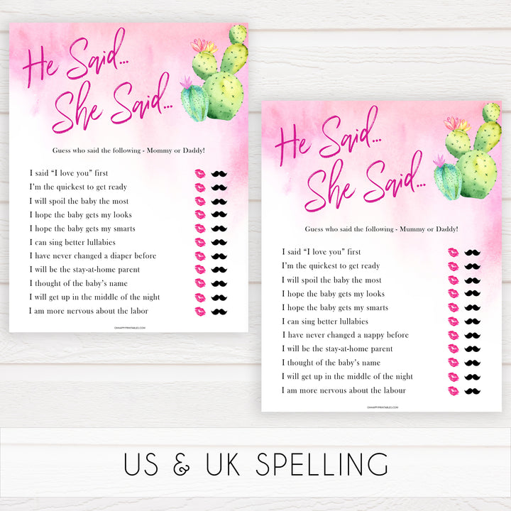 Cactus baby shower games, cactus he said she said baby game, printable baby games, Mexican baby shower, Mexican baby games, fiesta baby games, popular baby games, printable baby games