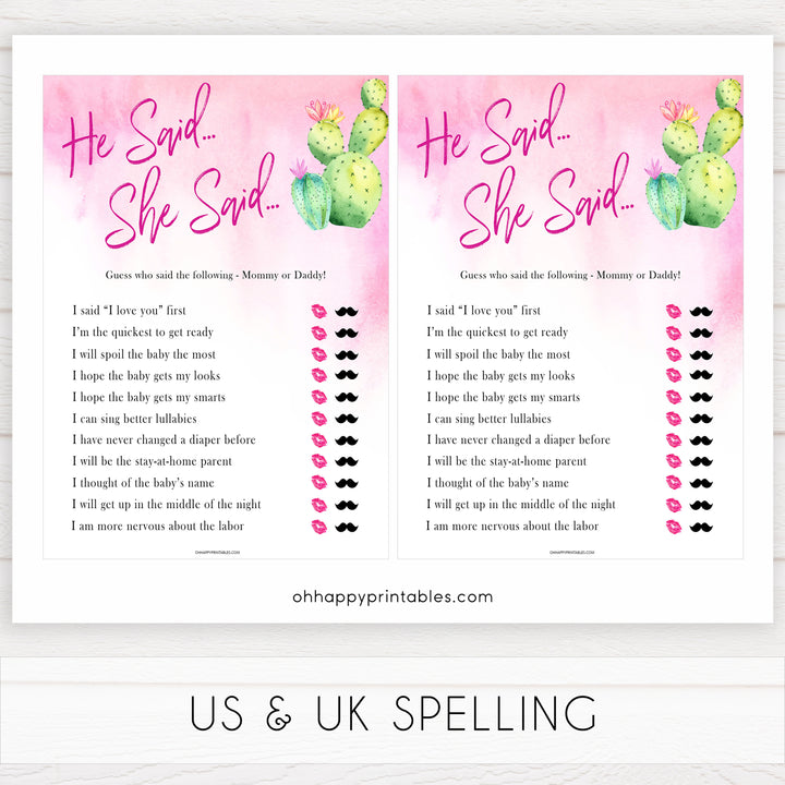 Cactus baby shower games, cactus he said she said baby game, printable baby games, Mexican baby shower, Mexican baby games, fiesta baby games, popular baby games, printable baby games