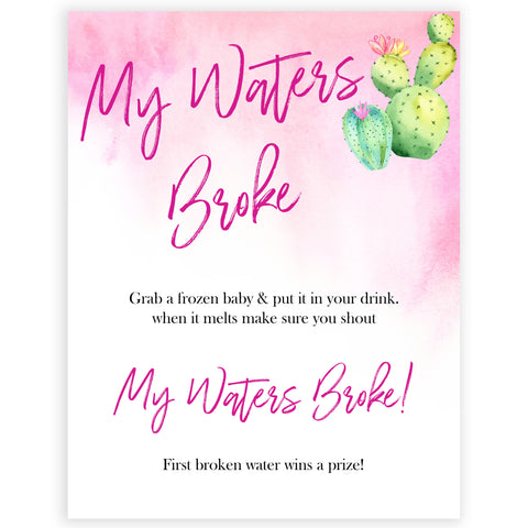 Cactus baby shower games, cactus my waters broke baby game, printable baby games, Mexican baby shower, Mexican baby games, fiesta baby games, popular baby games, printable baby games