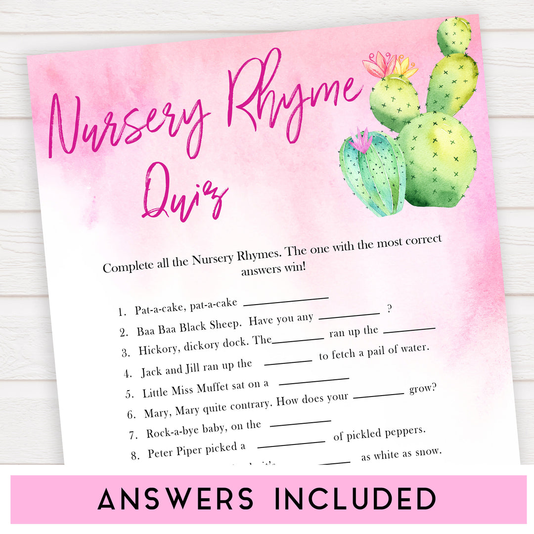 Cactus baby shower games, cactus nursery rhyme quiz baby game, printable baby games, Mexican baby shower, Mexican baby games, fiesta baby games, popular baby games, printable baby games