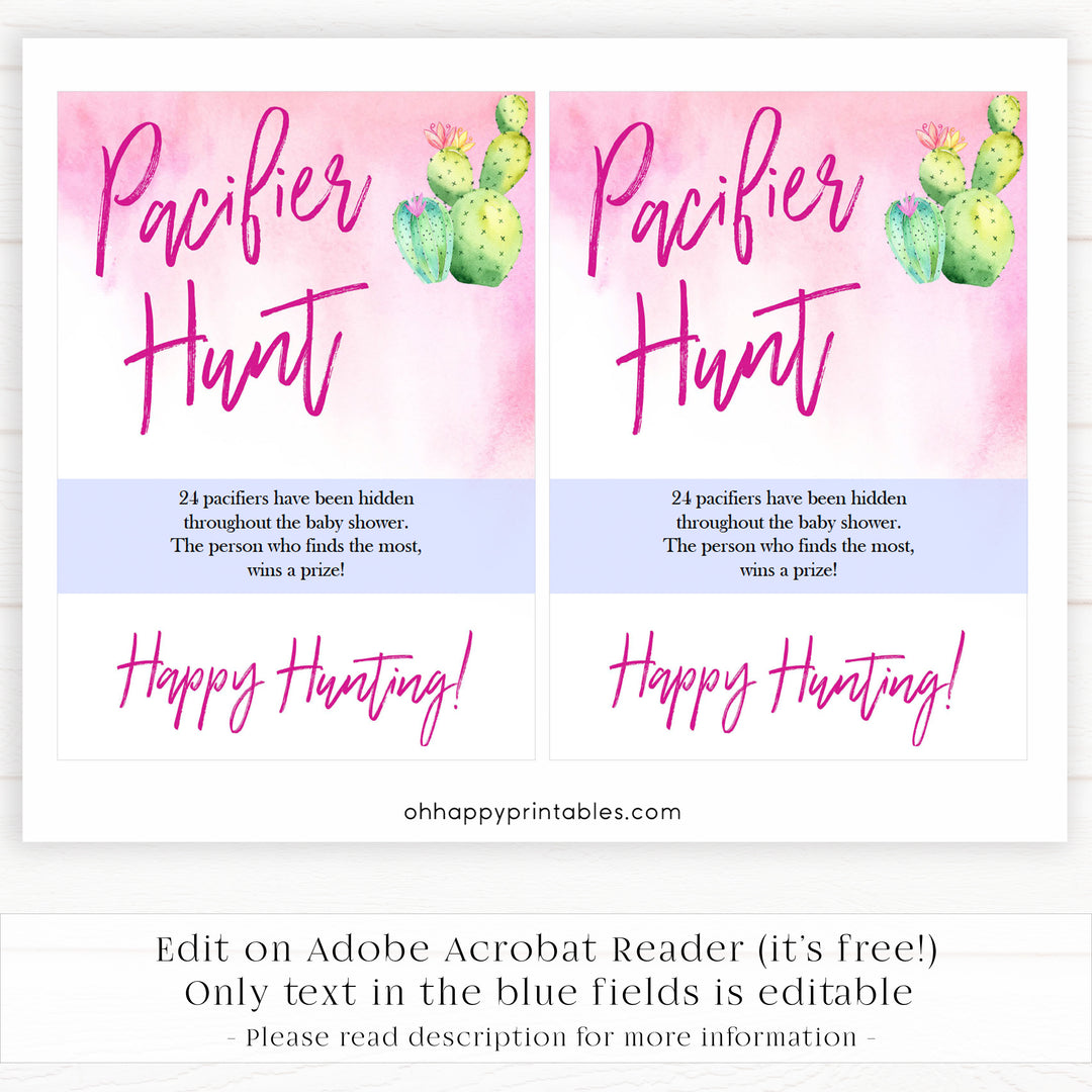 Cactus baby shower games, cactus pacifier hunt baby game, printable baby games, Mexican baby shower, Mexican baby games, fiesta baby games, popular baby games, printable baby games