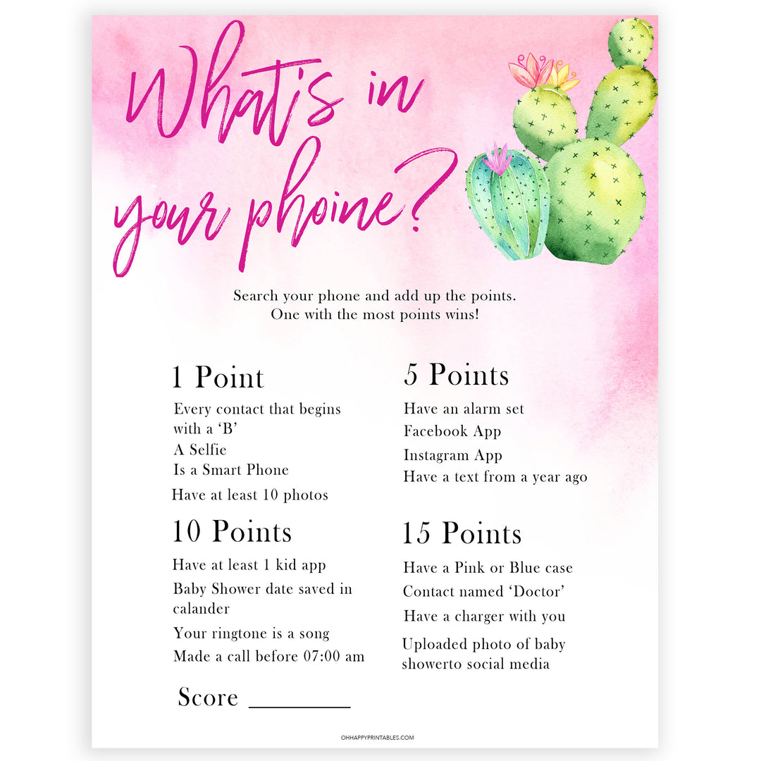 Cactus baby shower games, cactus whats in your phone baby game, printable baby games, Mexican baby shower, Mexican baby games, fiesta baby games, popular baby games, printable baby games