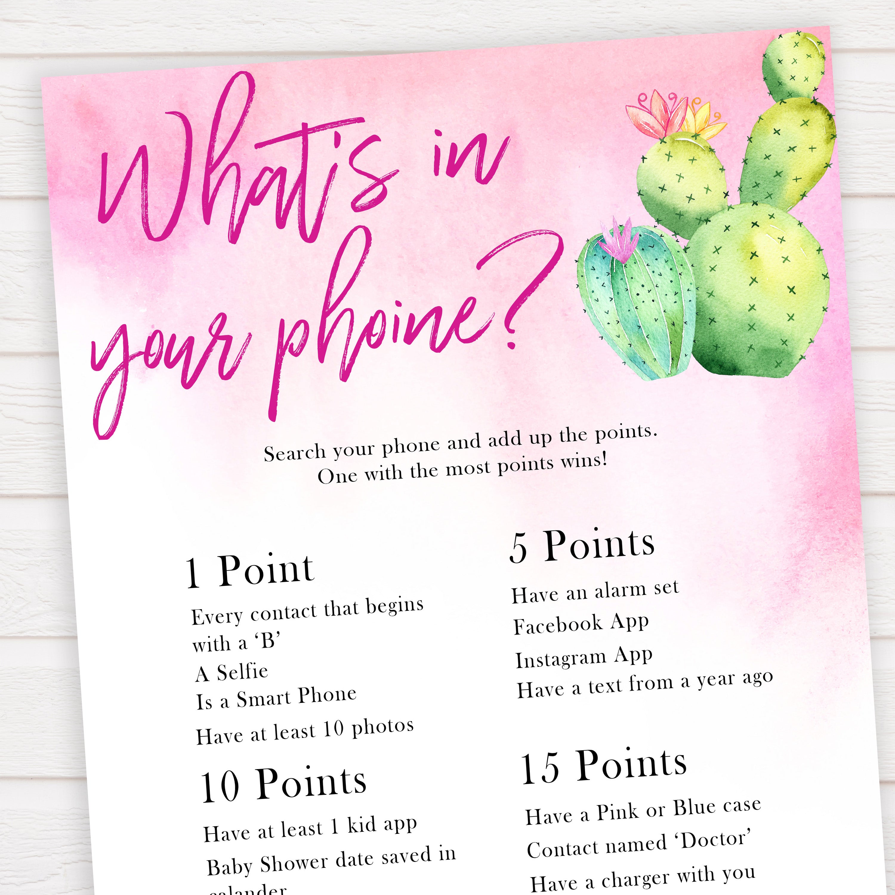 Cactus baby shower games, cactus whats in your phone baby game, printable baby games, Mexican baby shower, Mexican baby games, fiesta baby games, popular baby games, printable baby games