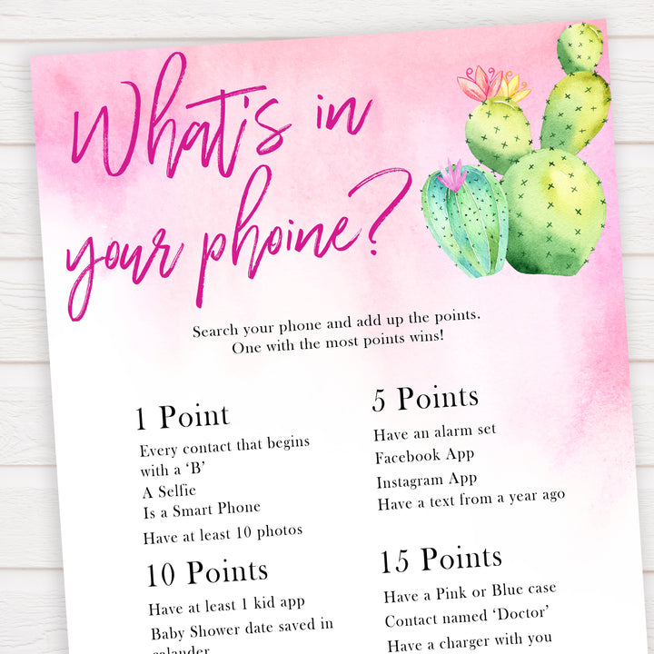 Cactus baby shower games, cactus whats in your phone baby game, printable baby games, Mexican baby shower, Mexican baby games, fiesta baby games, popular baby games, printable baby games