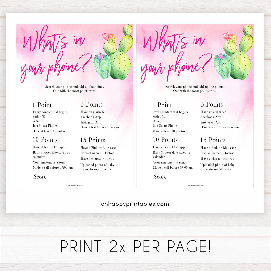 Cactus baby shower games, cactus whats in your phone baby game, printable baby games, Mexican baby shower, Mexican baby games, fiesta baby games, popular baby games, printable baby games