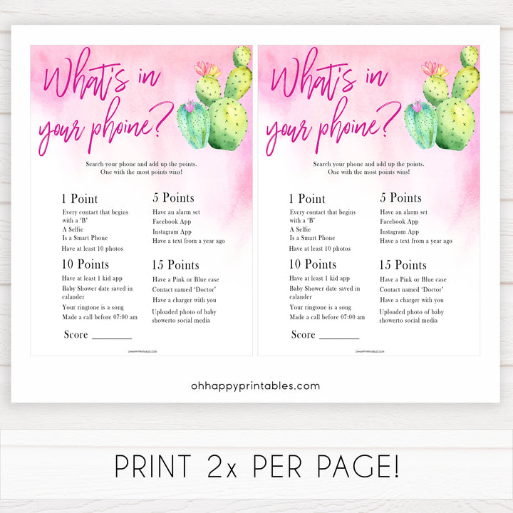 Cactus baby shower games, cactus whats in your phone baby game, printable baby games, Mexican baby shower, Mexican baby games, fiesta baby games, popular baby games, printable baby games