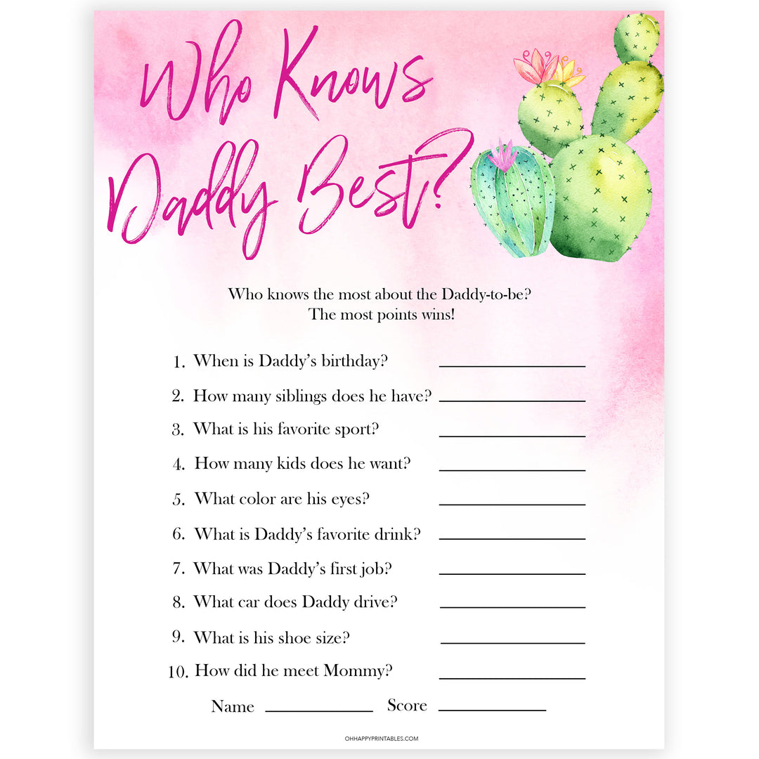 Cactus baby shower games, cactus who knows daddy best baby game, printable baby games, Mexican baby shower, Mexican baby games, fiesta baby games, popular baby games, printable baby games
