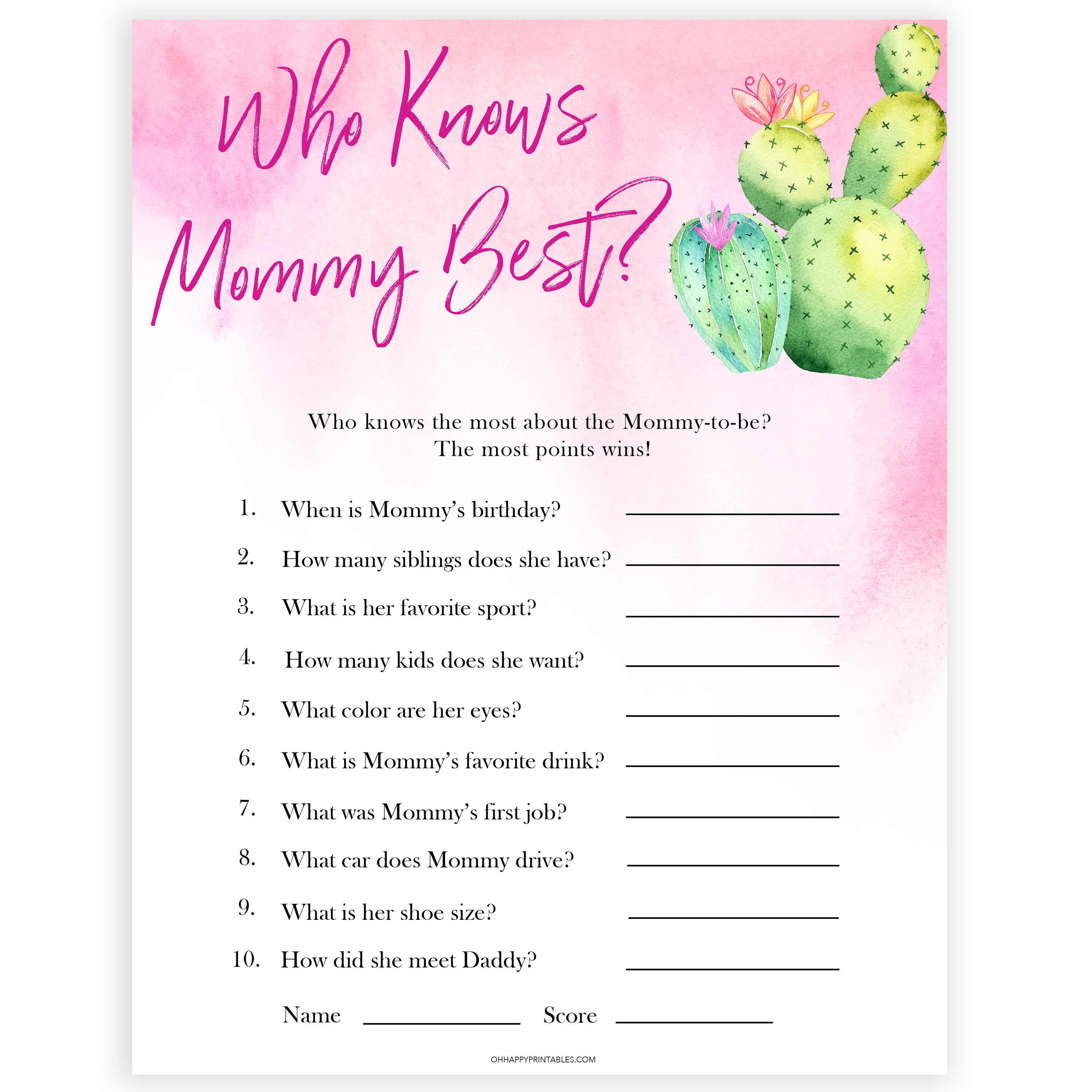 Cactus baby shower games, cactus who knows mummy best baby game, printable baby games, Mexican baby shower, Mexican baby games, fiesta baby games, popular baby games, printable baby games