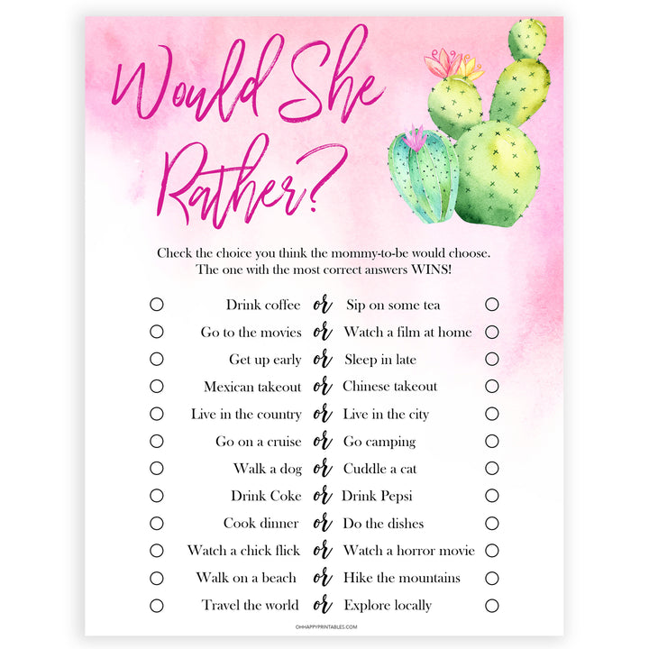 Cactus baby shower games, cactus would she rather baby game, printable baby games, Mexican baby shower, Mexican baby games, fiesta baby games, popular baby games, printable baby games