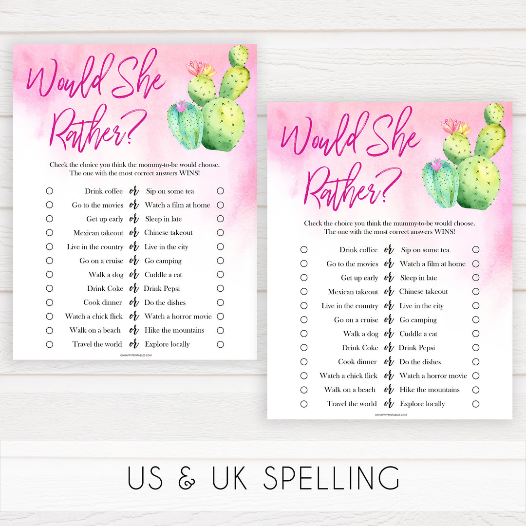 Cactus baby shower games, cactus would she rather baby game, printable baby games, Mexican baby shower, Mexican baby games, fiesta baby games, popular baby games, printable baby games