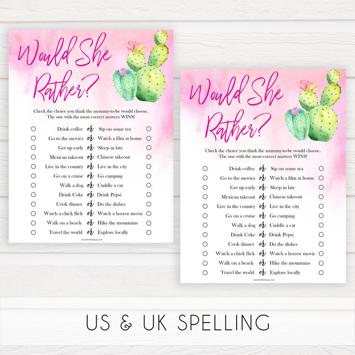 Cactus baby shower games, cactus would she rather baby game, printable baby games, Mexican baby shower, Mexican baby games, fiesta baby games, popular baby games, printable baby games