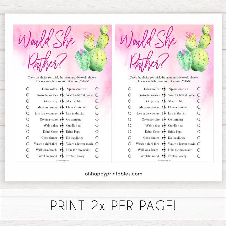Cactus baby shower games, cactus would she rather baby game, printable baby games, Mexican baby shower, Mexican baby games, fiesta baby games, popular baby games, printable baby games