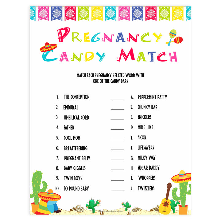pregnancy candy match game, Printable baby shower games, Mexican fiesta fun baby games, baby shower games, fun baby shower ideas, top baby shower ideas, fiesta shower baby shower, fiesta baby shower ideas