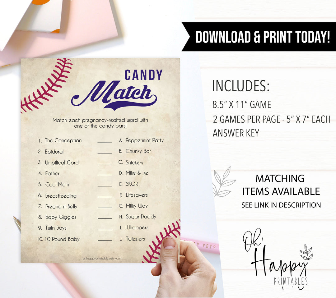 Baseball Pregnancy Candy Match Game, Baseball Baby Shower Games, Candy Match Baby Shower Game, Fun Baby Shower Games, Candy Match, printable baby shower games, fun baby shower games, popular baby shower games