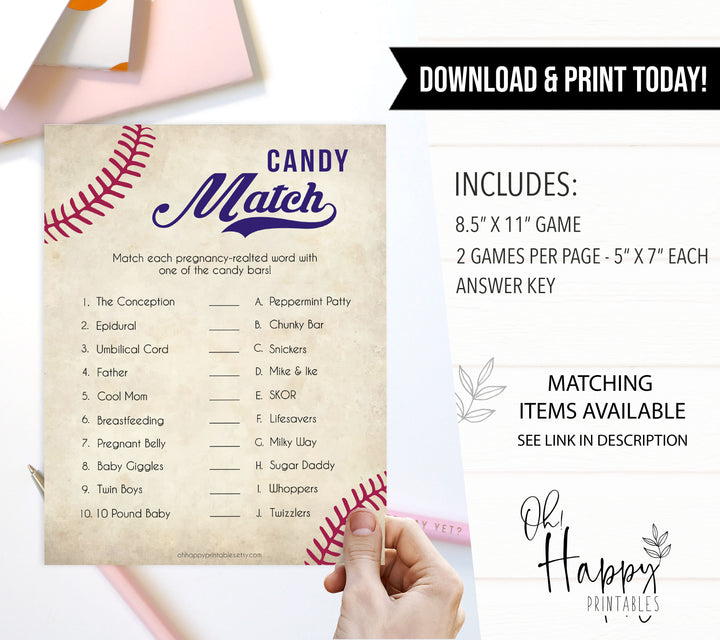 Baseball Pregnancy Candy Match Game, Baseball Baby Shower Games, Candy Match Baby Shower Game, Fun Baby Shower Games, Candy Match, printable baby shower games, fun baby shower games, popular baby shower games