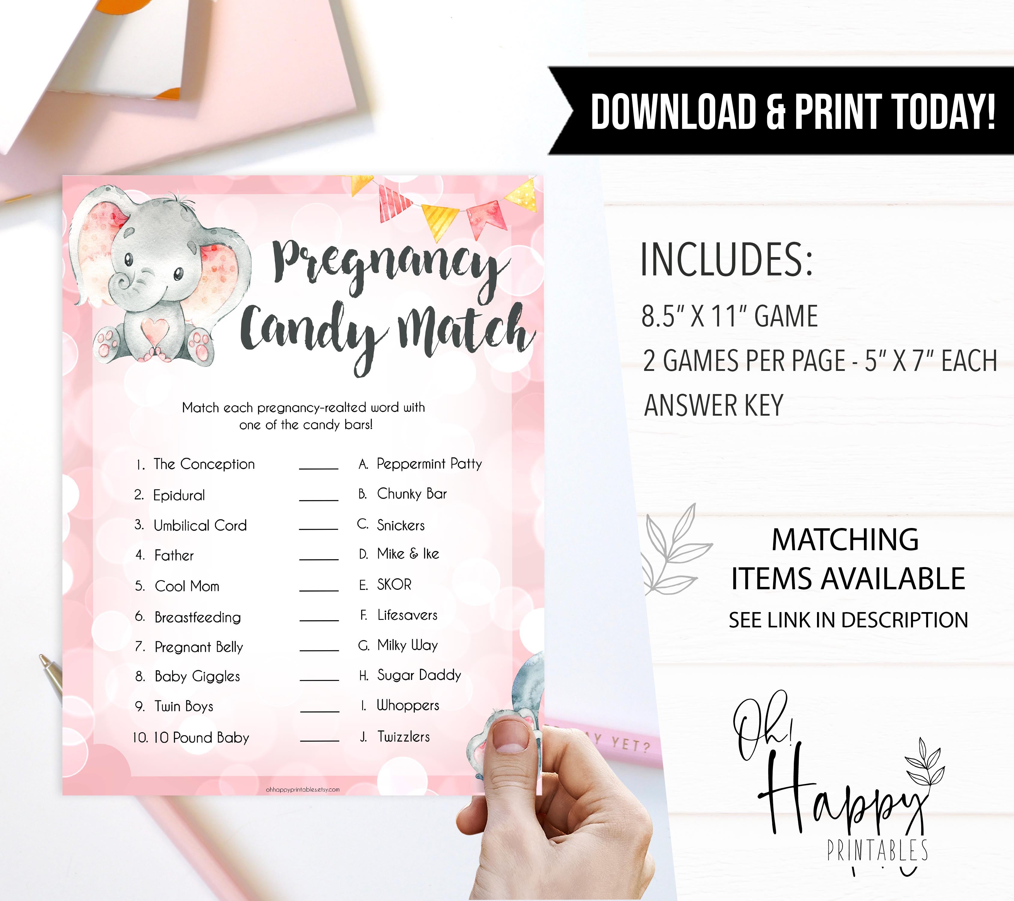 pink elephant baby games, pregnancy candy match baby shower games, printable baby shower games, baby shower games, fun baby games, popular baby games, pink baby games
