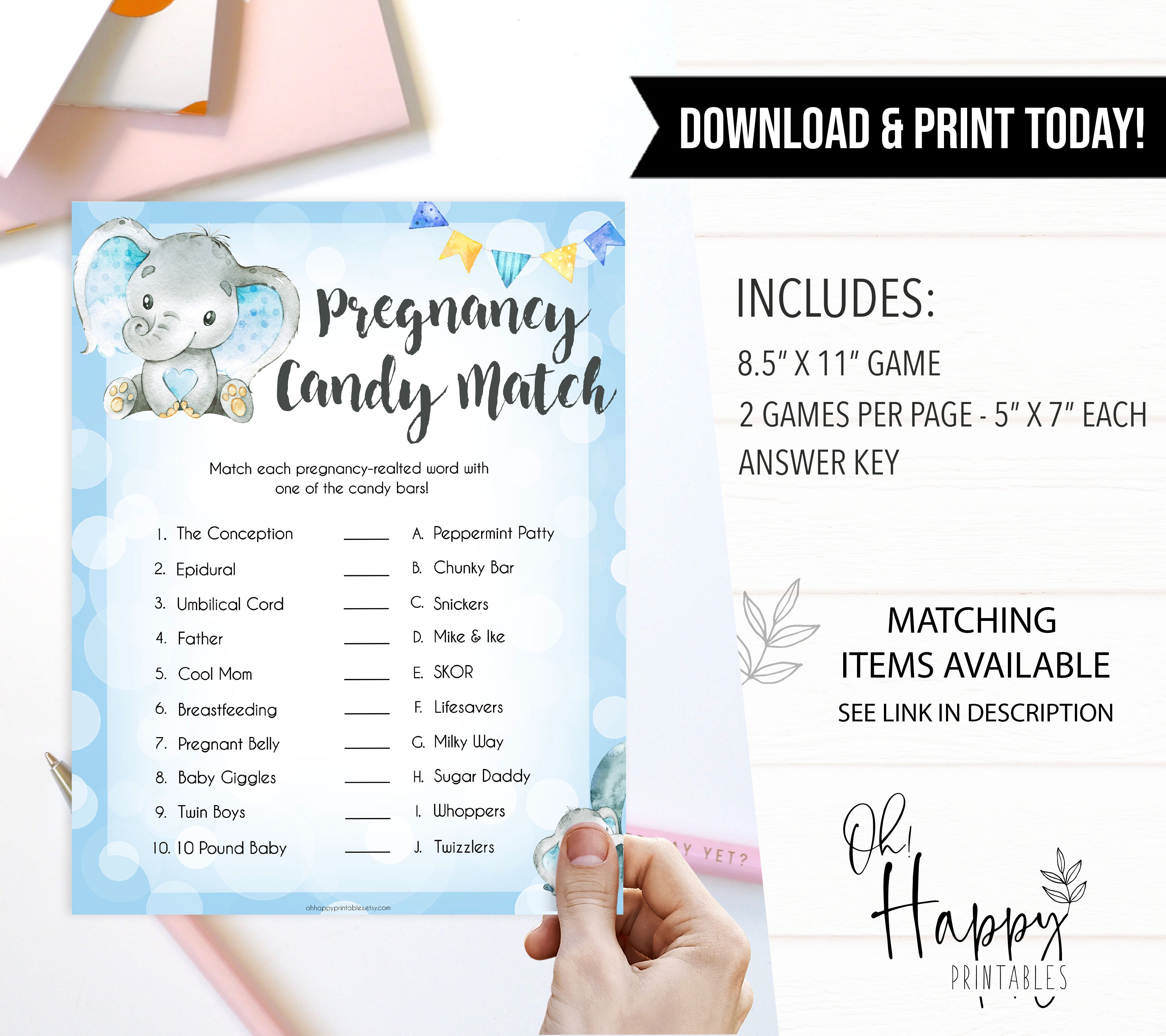 Blue elephant baby games, pregnancy candy match, elephant baby games, printable baby games, top baby games, best baby shower games, baby shower ideas, fun baby games, elephant baby shower