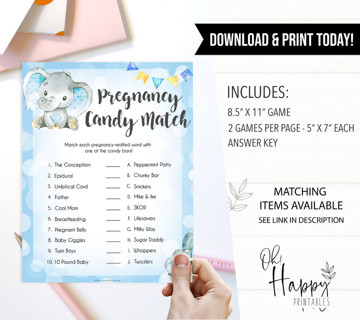Blue elephant baby games, pregnancy candy match, elephant baby games, printable baby games, top baby games, best baby shower games, baby shower ideas, fun baby games, elephant baby shower