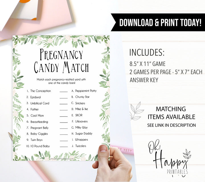 Pregnancy Candy Match Game, Greenery Baby Shower Games, Botanical Candy Match Baby Game, Fun Baby Shower Games, Pregnancy Candy Match, fun baby shower games, printable baby shower games