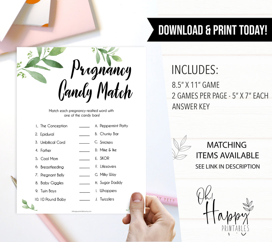 Botanical Pregnancy Candy Match Game, Baby Shower Games, Botanical Candy Match Baby Game, Green Baby Shower Games, Pregnancy Candy Match - baby shower games - baby shower ideas