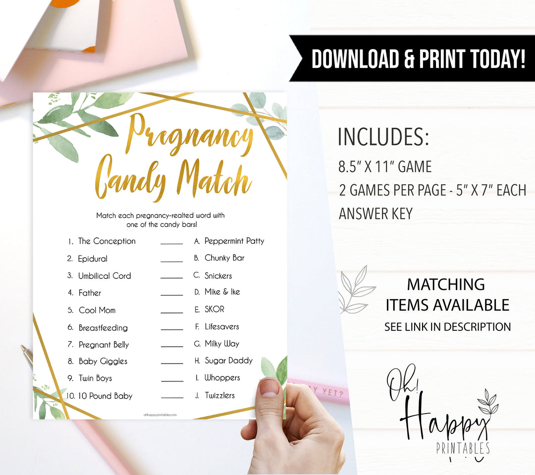 gold geometric pregnancy candy match baby shower games, printable baby shower games, fun baby games, popular baby games, gold baby games