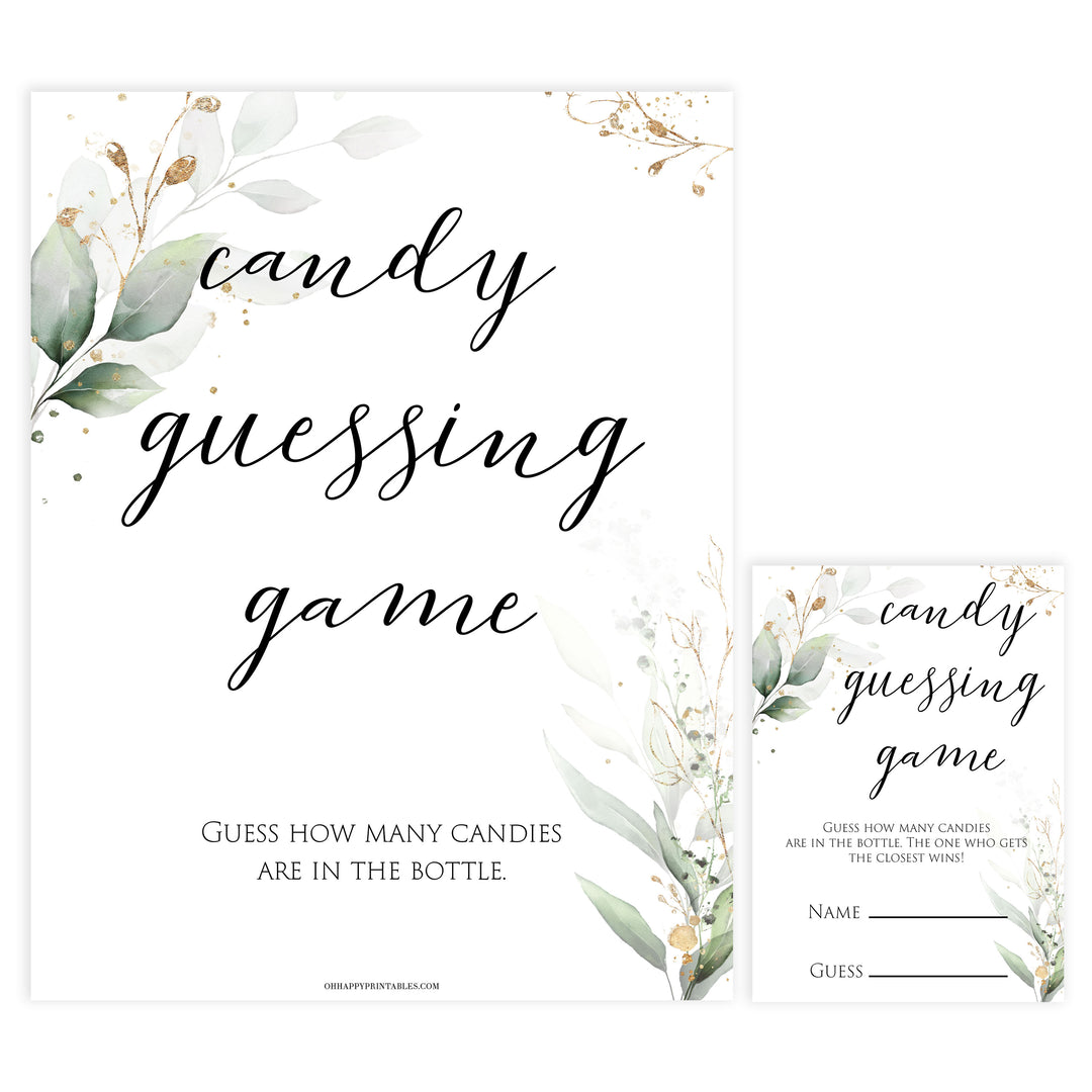 Gold green leaf baby games, candy guessing game, printable baby games, fun baby games, top baby games to play, gold leaf baby shower, greenery baby shower ideas