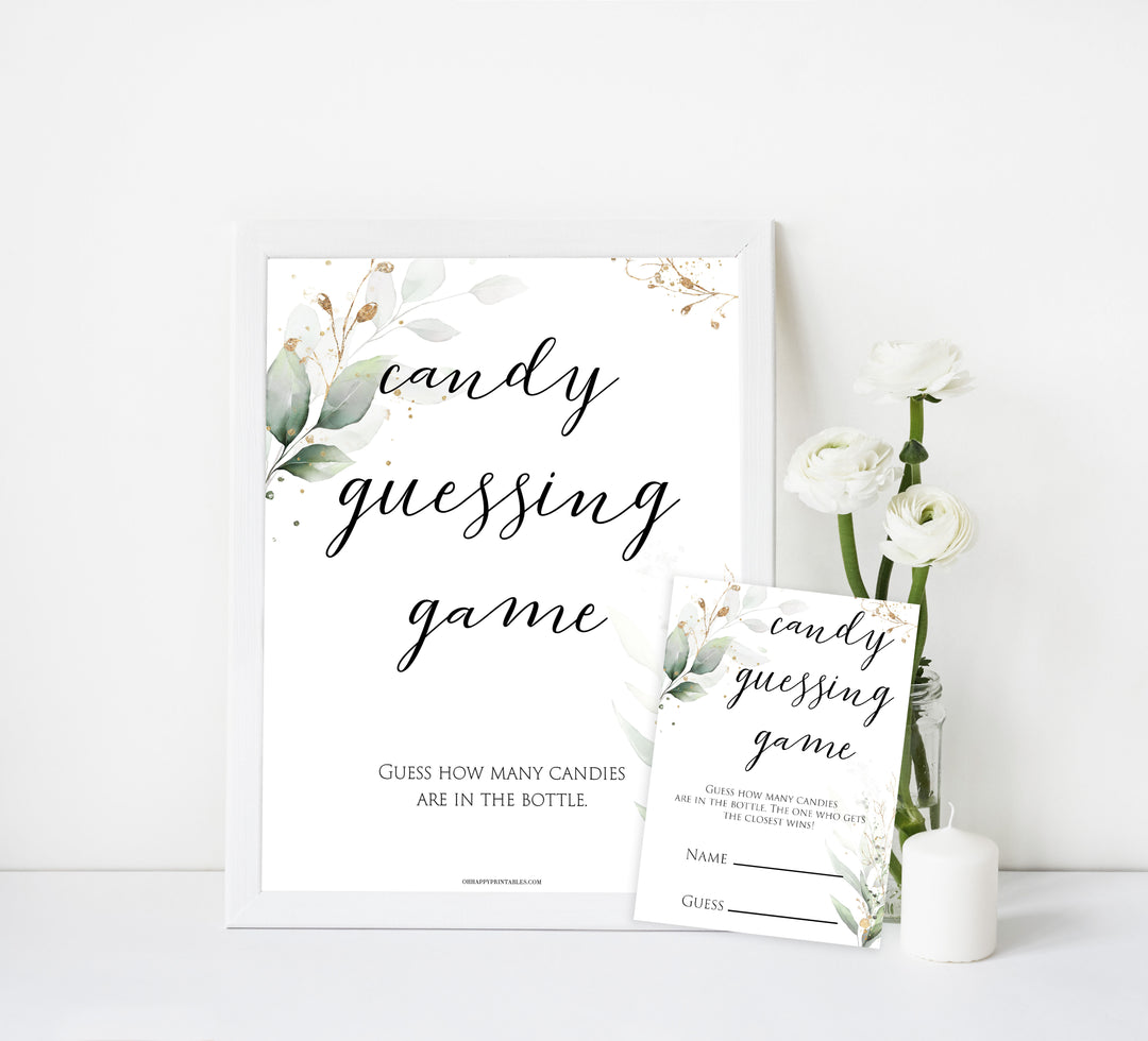 Gold green leaf baby games, candy guessing game, printable baby games, fun baby games, top baby games to play, gold leaf baby shower, greenery baby shower ideas