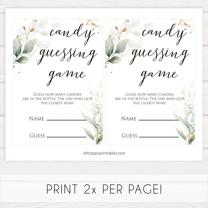 Gold green leaf baby games, candy guessing game, printable baby games, fun baby games, top baby games to play, gold leaf baby shower, greenery baby shower ideas