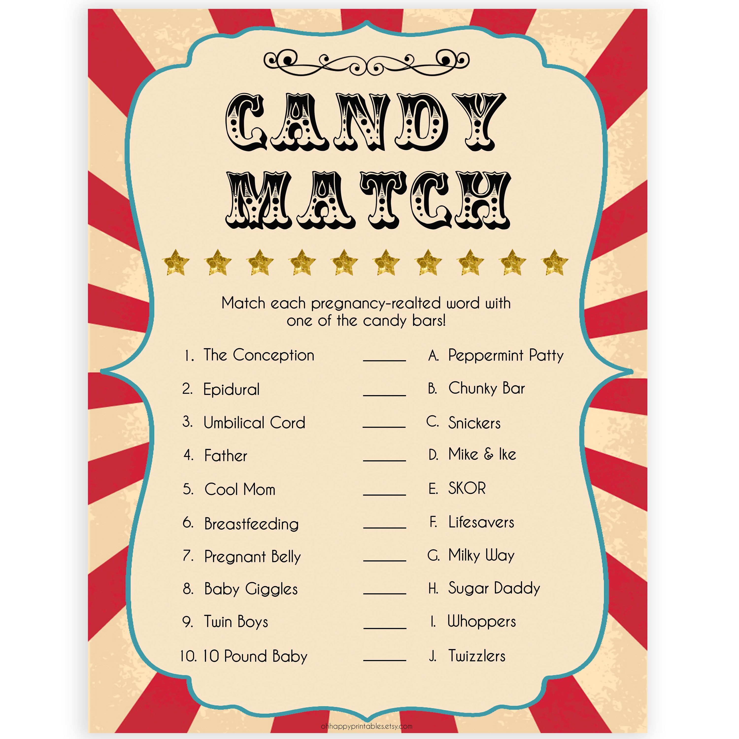 Circus pregnancy candy match baby shower games, circus baby games, carnival baby games, printable baby games, fun baby games, popular baby games, carnival baby shower, carnival theme