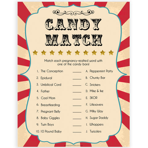 Circus pregnancy candy match baby shower games, circus baby games, carnival baby games, printable baby games, fun baby games, popular baby games, carnival baby shower, carnival theme