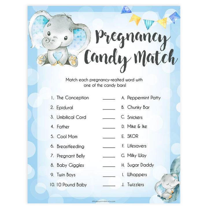 Blue elephant baby games, pregnancy candy match, elephant baby games, printable baby games, top baby games, best baby shower games, baby shower ideas, fun baby games, elephant baby shower