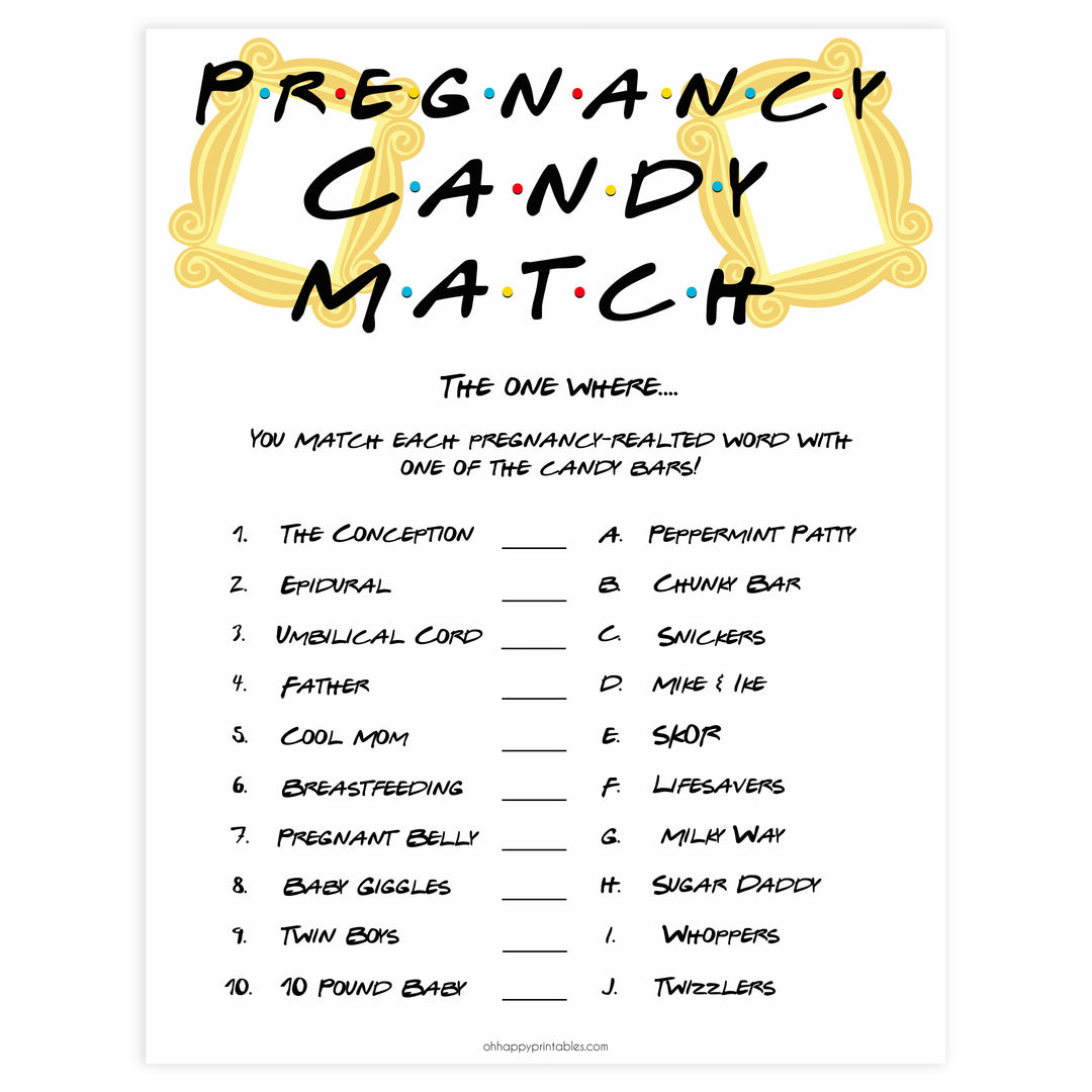 pregnancy candy match, Printable baby shower games, friends fun baby games, baby shower games, fun baby shower ideas, top baby shower ideas, friends baby shower, friends baby shower ideas