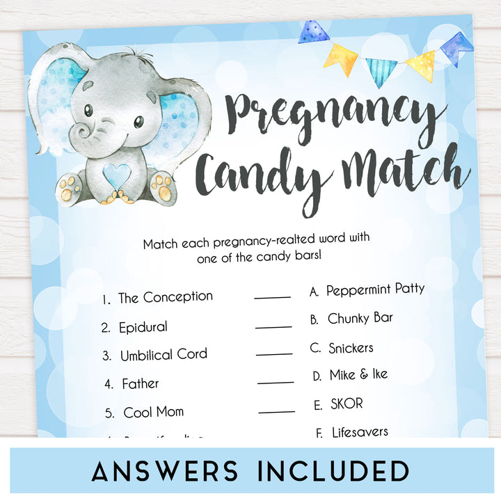 Blue elephant baby games, pregnancy candy match, elephant baby games, printable baby games, top baby games, best baby shower games, baby shower ideas, fun baby games, elephant baby shower