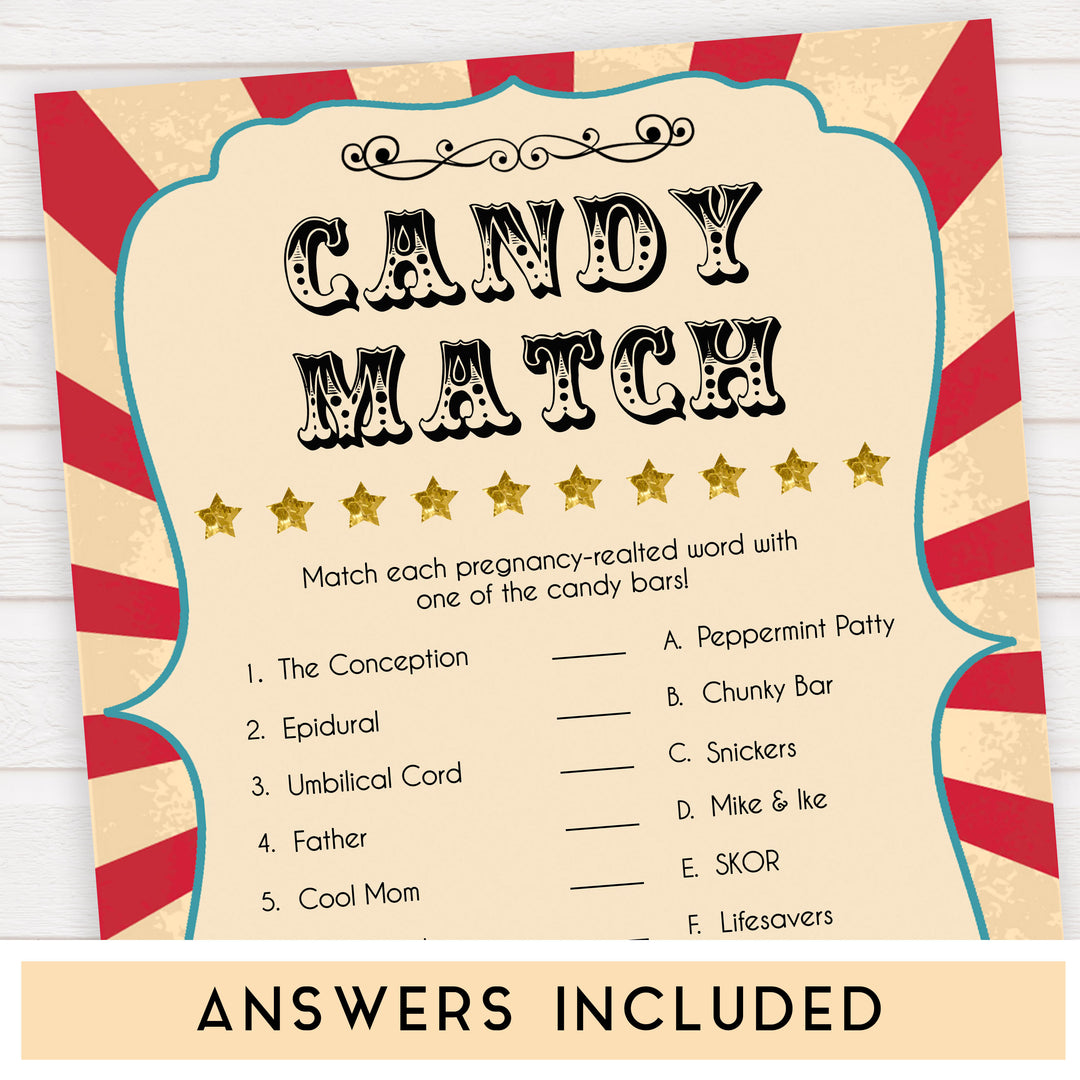 Circus pregnancy candy match baby shower games, circus baby games, carnival baby games, printable baby games, fun baby games, popular baby games, carnival baby shower, carnival theme