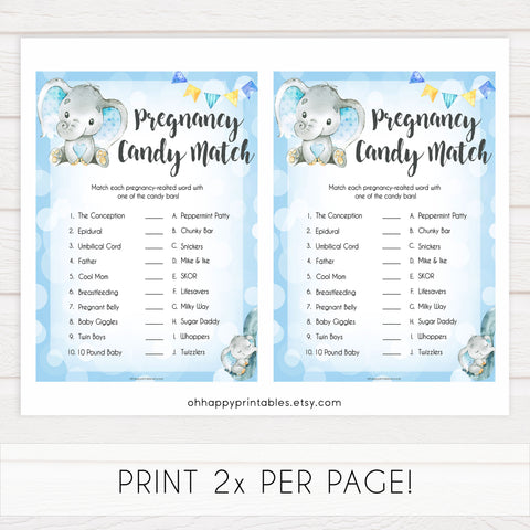Blue elephant baby games, pregnancy candy match, elephant baby games, printable baby games, top baby games, best baby shower games, baby shower ideas, fun baby games, elephant baby shower