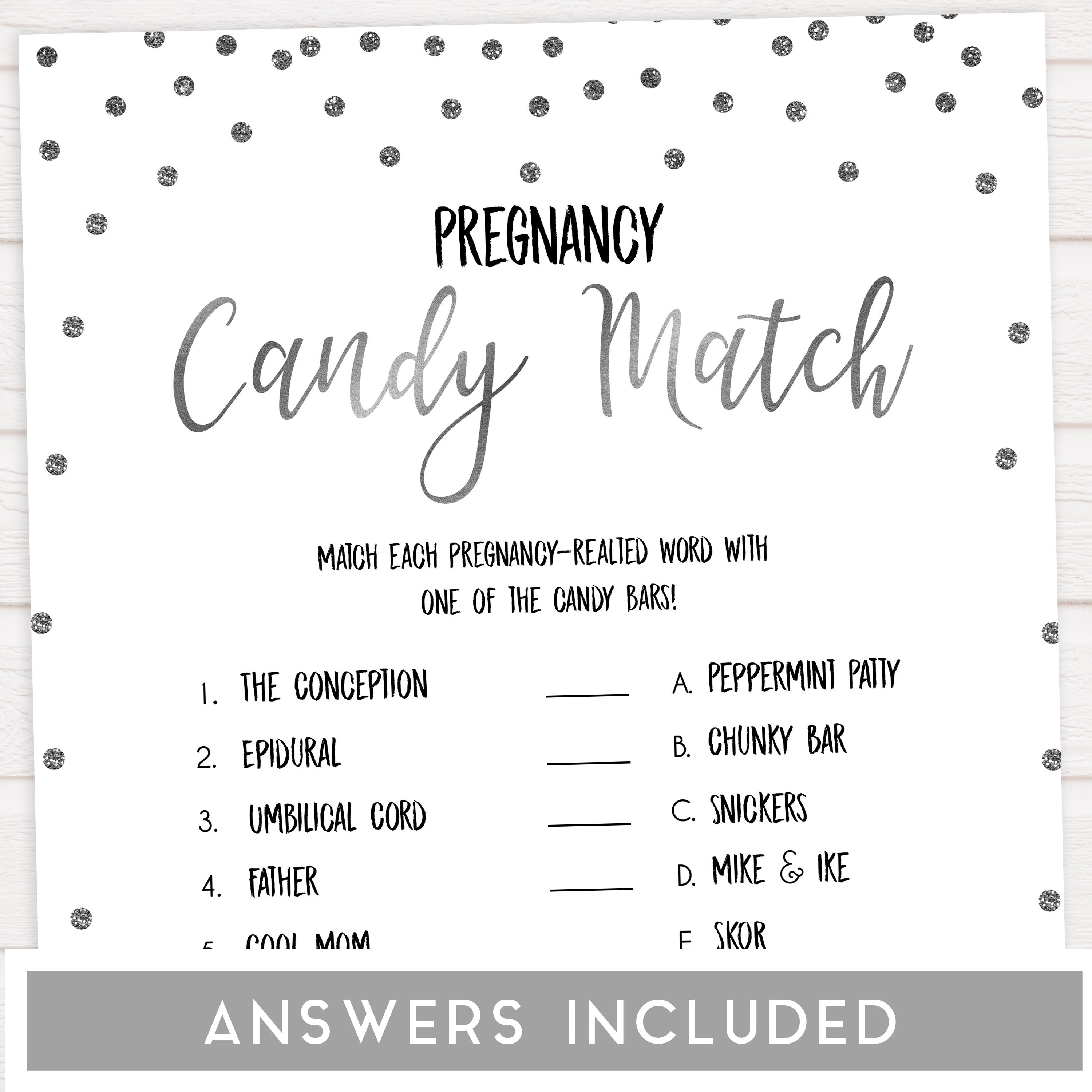 pregnancy candy match, Printable baby shower games, baby silver glitter fun baby games, baby shower games, fun baby shower ideas, top baby shower ideas, silver glitter shower baby shower, friends baby shower ideas