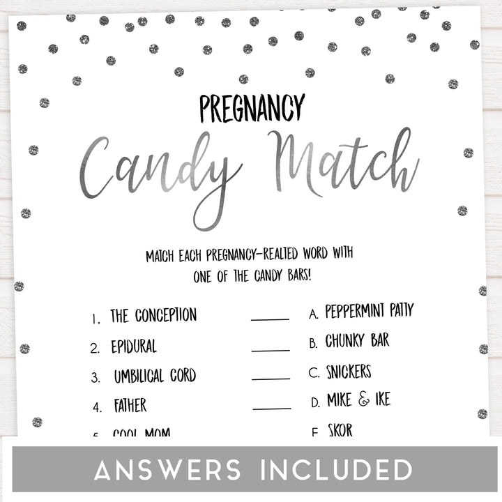 pregnancy candy match, Printable baby shower games, baby silver glitter fun baby games, baby shower games, fun baby shower ideas, top baby shower ideas, silver glitter shower baby shower, friends baby shower ideas