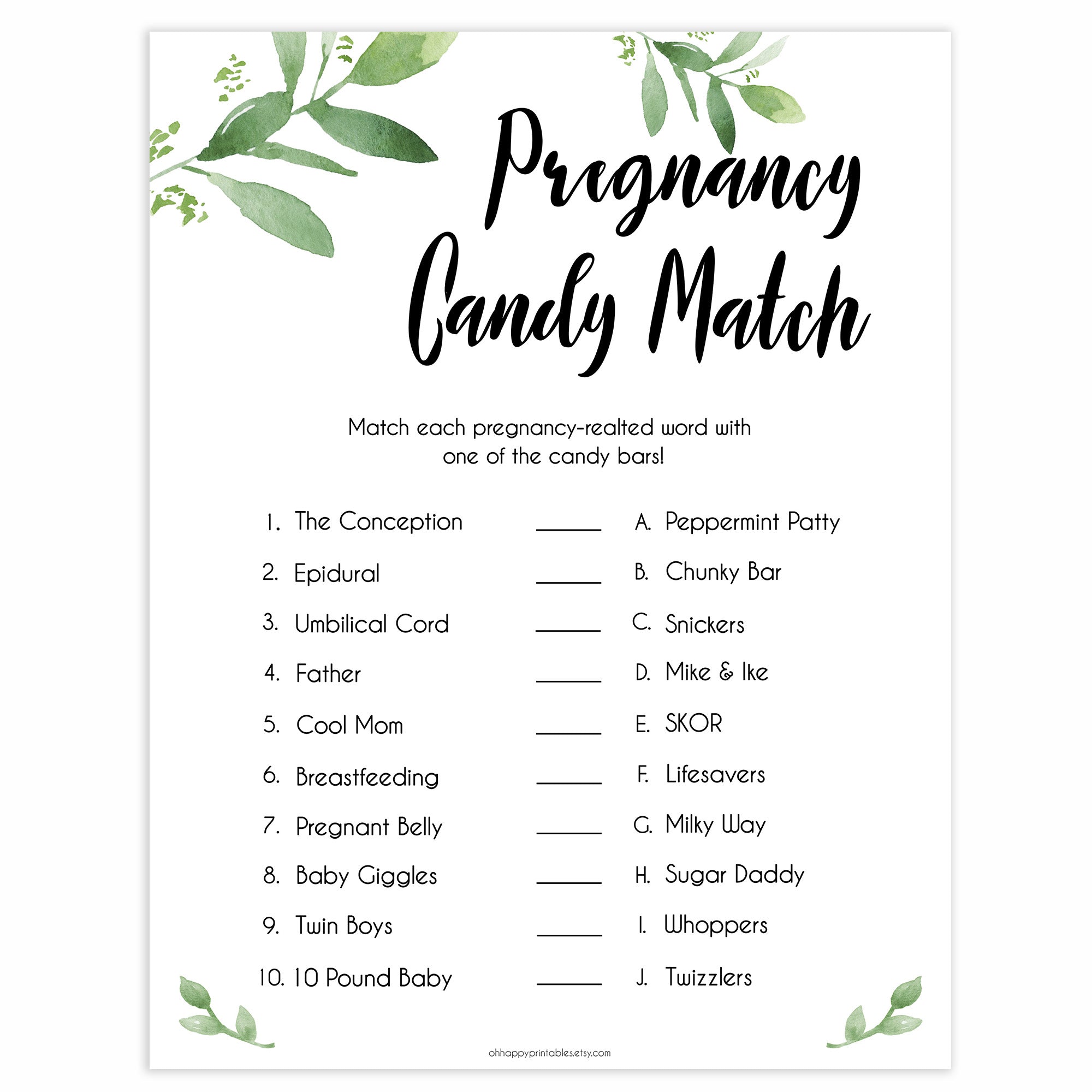 Botanical Pregnancy Candy Match Game, Baby Shower Games, Botanical Candy Match Baby Game, Green Baby Shower Games, Pregnancy Candy Match - baby shower games - baby shower ideas