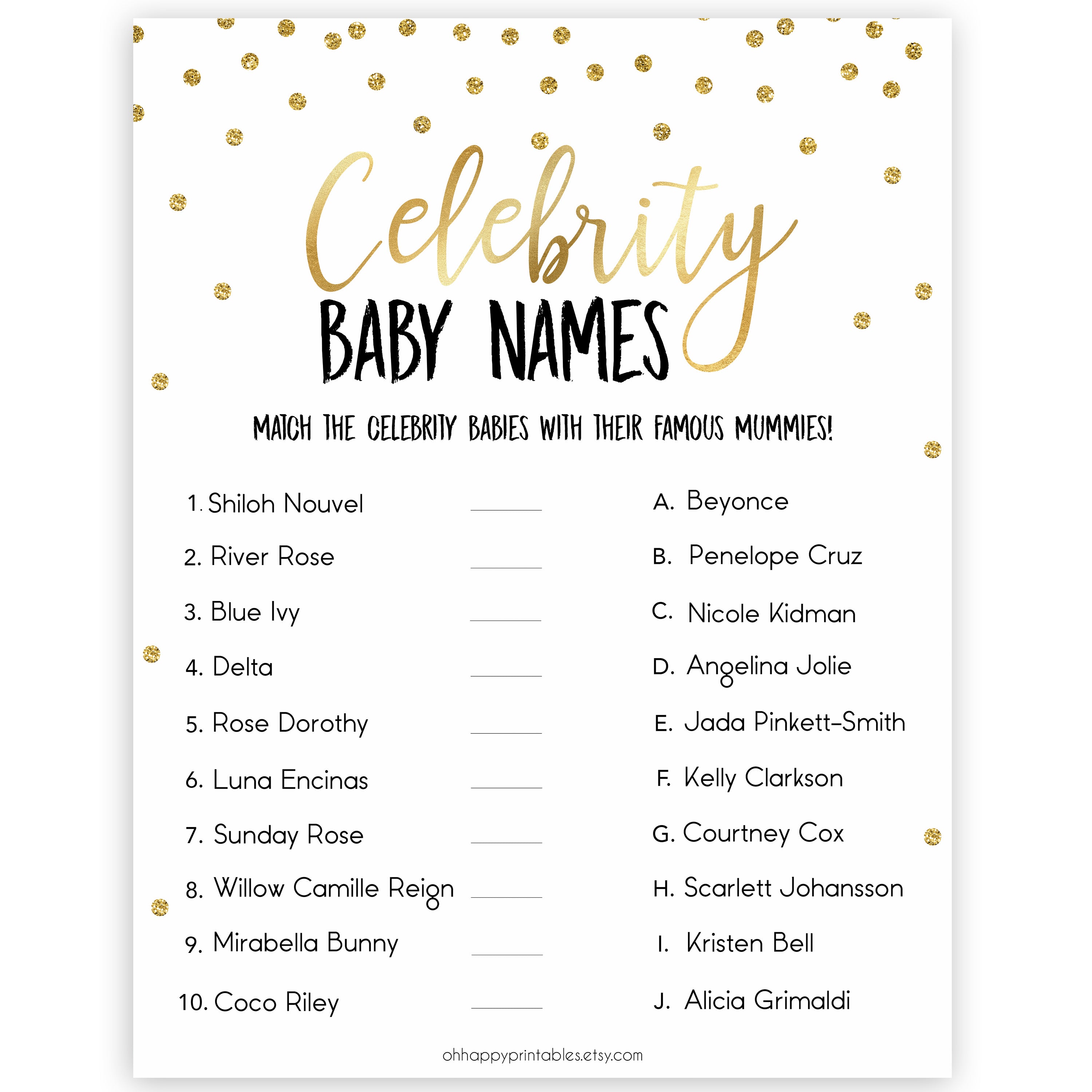 celebrity baby names game, gold celebrity baby names, funny baby shower games, best baby shower games, top baby games