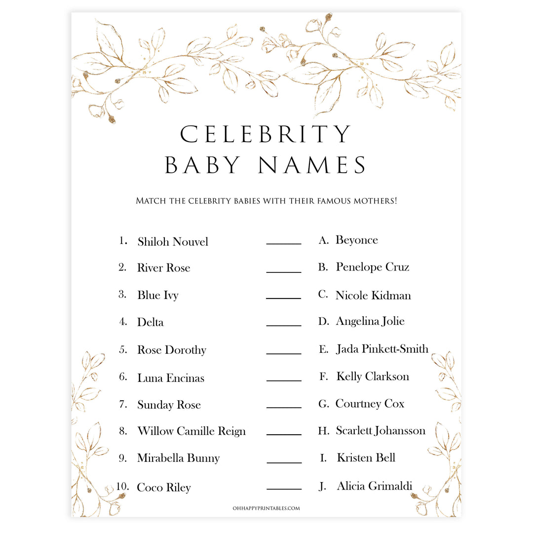 celebrity baby names games, Printable baby shower games, gold leaf baby games, baby shower games, fun baby shower ideas, top baby shower ideas, gold leaf baby shower, baby shower games, fun gold leaf baby shower ideas