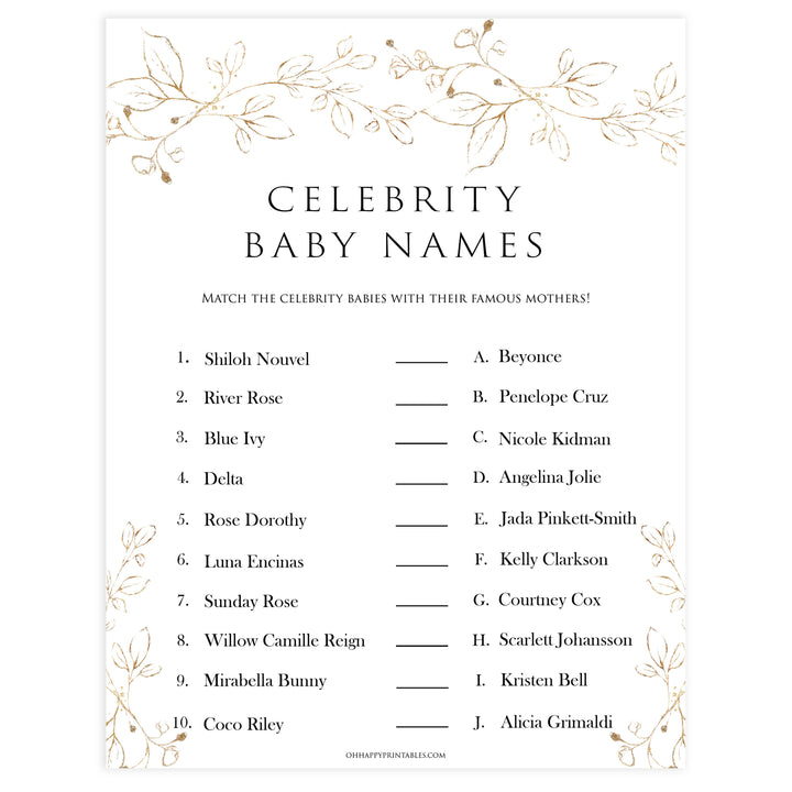 celebrity baby names games, Printable baby shower games, gold leaf baby games, baby shower games, fun baby shower ideas, top baby shower ideas, gold leaf baby shower, baby shower games, fun gold leaf baby shower ideas