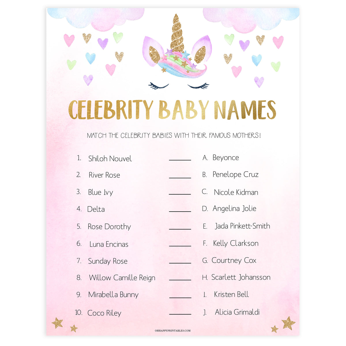 celebrity baby names game, Printable baby shower games, unicorn baby games, baby shower games, fun baby shower ideas, top baby shower ideas, unicorn baby shower, baby shower games, fun unicorn baby shower ideas