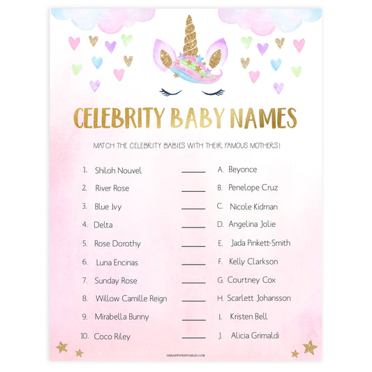 celebrity baby names game, Printable baby shower games, unicorn baby games, baby shower games, fun baby shower ideas, top baby shower ideas, unicorn baby shower, baby shower games, fun unicorn baby shower ideas
