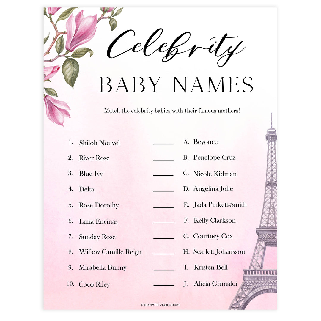 celebrity baby names game,  Paris baby shower games, printable baby shower games, Parisian baby shower games, fun baby shower games
