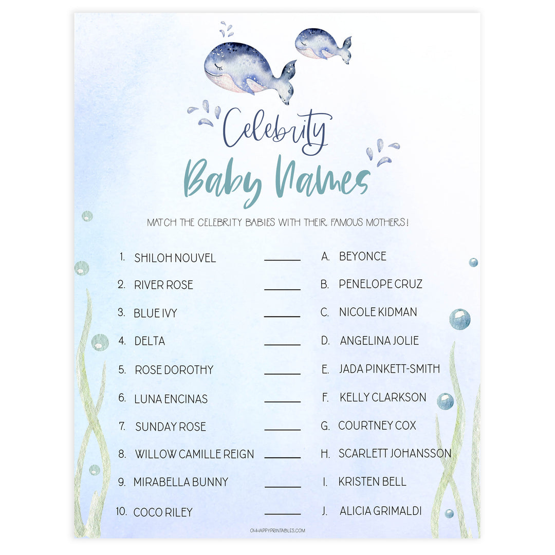 celebrity baby names game, Printable baby shower games, whale baby games, baby shower games, fun baby shower ideas, top baby shower ideas, whale baby shower, baby shower games, fun whale baby shower ideas